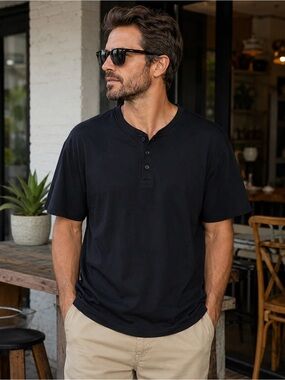 Men’s Saks Fifth Ave Ultraluxe Soft 100% Cotton Henley, Black XL